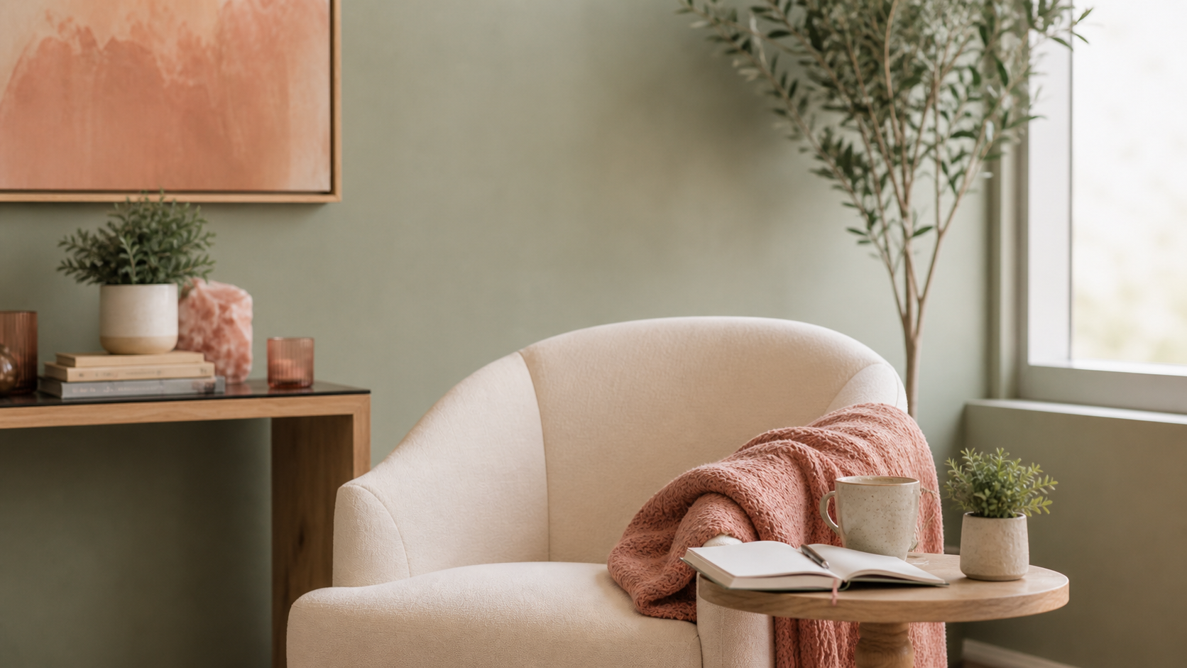 A calm therapy office chair with a notebook, tea, plants, and soft natural light